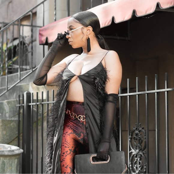 Black Fab Luxe Satin Ostrich Feather Open Front Duster Top - Picture 2 of 7